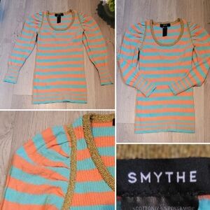 Smythe Puff Sleeve (3/4) Ribbed Orange & Blue Striped Scoop Neck Sweater, Small